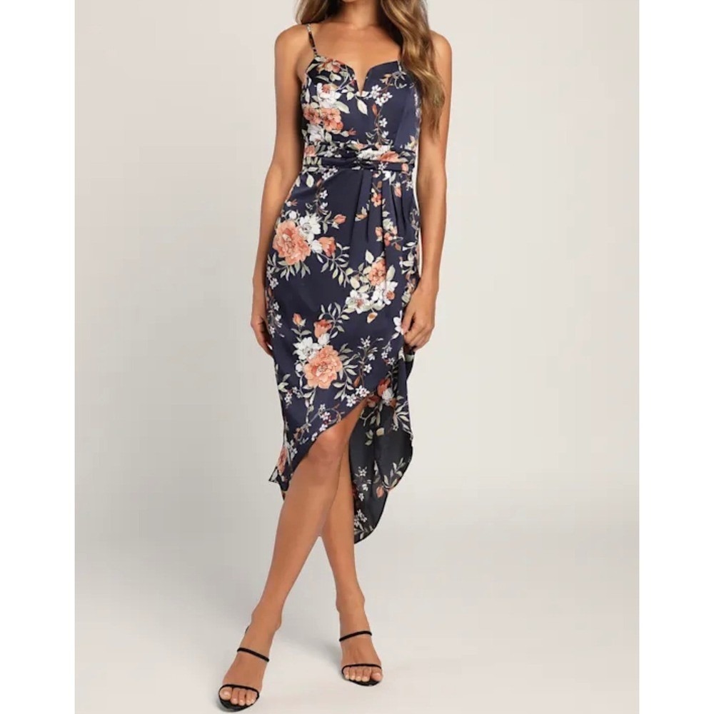 Lulus My Favorite Day Navy Blue Floral Print Tulip Skirt Midi Dress L Nwt